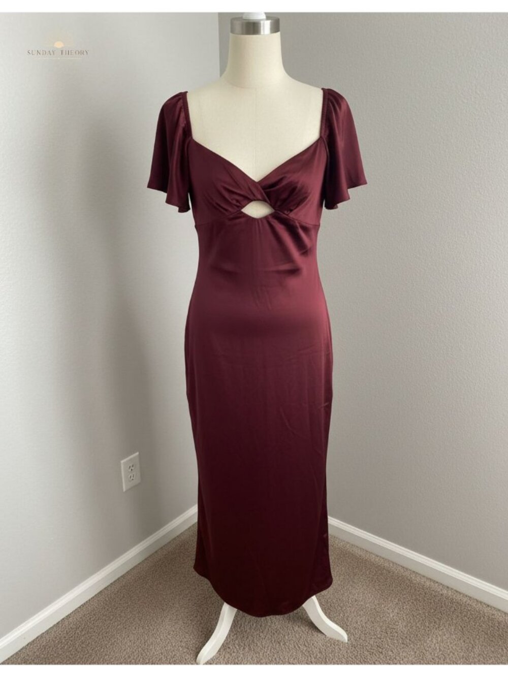 Women's Satin Midi Dress Flutter Sleeve Sweetheart Neckline Formal